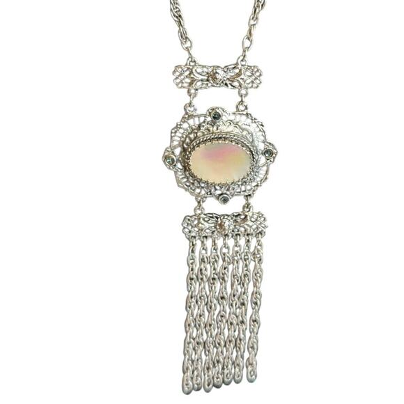 Whiting Davis silver toned statement mother of pearl Drop Necklace 22 inch - Picture 2 of 10